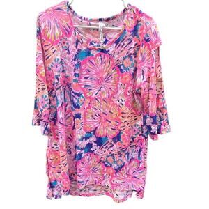 Lulu-B Women’s L Tunic Top Bright Floral Print 3/4 Sleeve Cutouts Cotton Blend